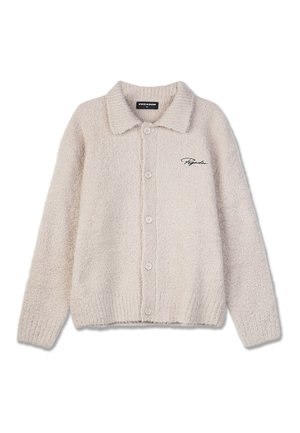 Cream-colored cardigan made of textured fabric, featuring a button-up front, collared neck, and small black embroidered logo on the chest.