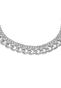 Collana in tonalità argento con maglie ovali e rotonde interconnesse in un design a doppio strato, con una finitura liscia e lucida.