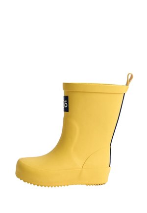 Botte de pluie en caoutchouc jaune avec languette à l'arrière et étiquette de marque noire sur le côté, montrée en vue de profil sur fond blanc.