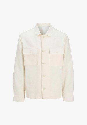 Jakna u krem boji napravljena od laganog materijala, s dva prednja džepa, kopčanjem na dugmad i ovratnikom. Standardni kroj s dugim rukavima.