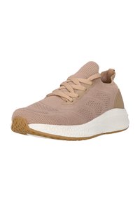 Hellrosa Sportschuh mit gestricktem Obermaterial, beigen Akzenten, strukturiertem Sohlenbereich und Schnürsenkeln. Verfügt über eine erhöhte Ferse und ein flexibles Design.