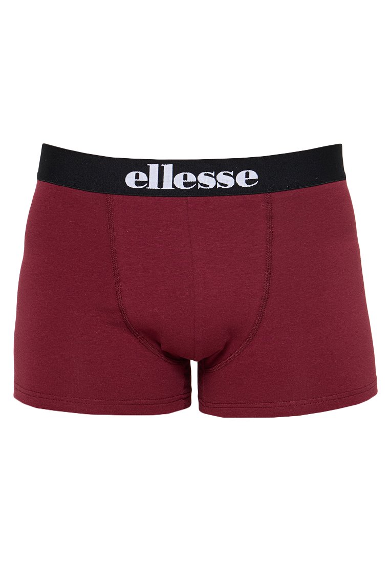 Bordowe bokserki wykonane z miękkiego materiału z czarnym elastycznym pasem, na którym wyraźnie widnieje białe logo "ellesse".
