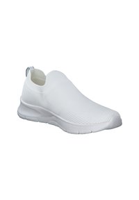 White slip-on athletic shoe with a textured knit upper, seamless design, and soft rubber sole. Features a pull tab at the heel for easy wearing.