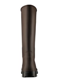 Brown rubber knee-high boots with a smooth, matte surface, flat black sole, and seamless design, suitable for wet conditions.