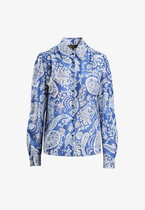 Blue patterned blouse in silk, featuring a floral paisley design, long sleeves, button closure, and a classic collar.