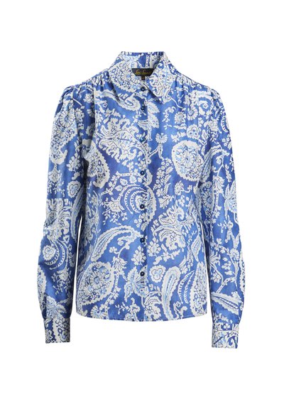 Blusa in seta blu a motivo, con un design floreale paisley, maniche lunghe, chiusura con bottoni e colletto classico.