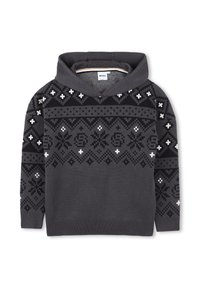 Tumši pelēks adīts kapuci, kas izceļas ar ģeometrisku rakstu melnā un baltā krāsā. Tai ir priekšējā kabata un ribotas aproces un apakša.