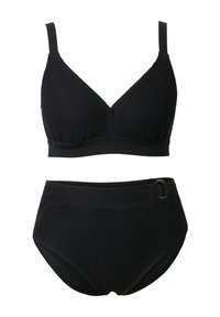 Sort to-delt badedragt med tekstureret stof, trekantskopper på toppen og højttaljede underdele med en lille detaljeret sidespænde.