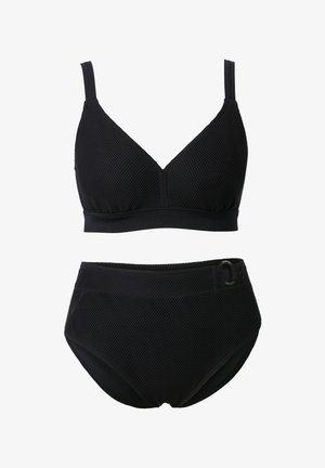 Schwarzer zweiteiliger Badeanzug aus strukturiertem Stoff, mit dreieckigen Cups oben und hoch taillierten Hosen mit einem kleinen seitlichen Schnallendetail.