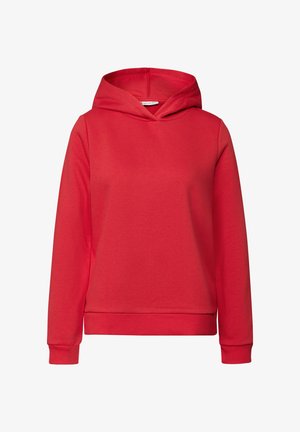 Roter Hoodie mit langen Ärmeln, gerippten Bündchen und Saum, schlichter Vorderseite und angenhmatter Kapuze auf weißem Hintergrund.