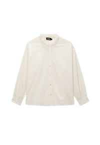 Chemise blanche à manches longues avec un col froncé, et des détails de broderie subtile sur le devant et les manches. Fabriquée en tissu léger.