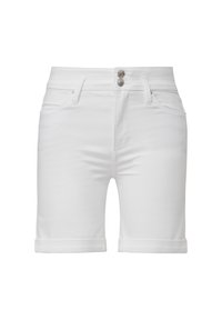 Białe dżinsowe szorty o dopasowanym kroju, z podwójnym zapięciem na guziki, zrolowanymi mankietami i klasycznym pięciopocketowym stylem.