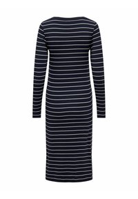 Marineblauw, langmouwige jurk met horizontale witte strepen, getailleerd ontwerp, ronde hals en een lengte tot aan de knieën.