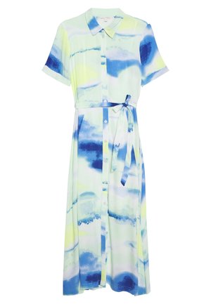 Vestido midi de manga corta con botones, con patrón acuarela en azul, amarillo y blanco, que cuenta con cuello y cinturón de lazo en la cintura.