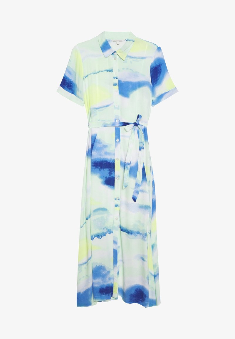 Robe midi boutonnée à manches courtes avec un motif aquarelle en bleu, jaune et blanc, dotée d'un col et d'une ceinture à nouer à la taille.