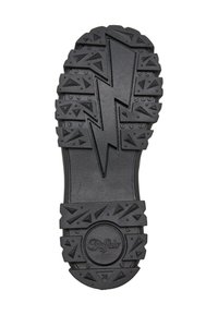 Suola di scarpa in gomma nera con superficie texture, caratterizzata da un design a forma di fulmine e motivi triangolari per una migliore aderenza. Marcata con la taglia 38.