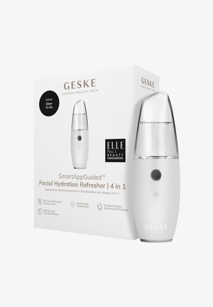 Geske SmartAppGuided™ Facial Hydration Refresher; white plastic body, curved shape, transparent mist nozzle, packaging with minimalist design and text details.