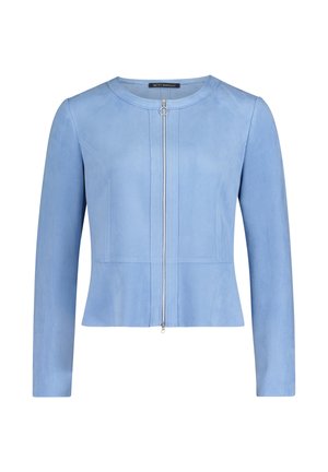 Jasnoniebieska kurtka wykonana z materiału przypominającego zamsz, z długimi rękawami, okrągłym dekoltem i centralnym zapięciem na zamek błyskawiczny z okrągłym uchwytem.