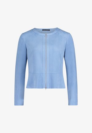 Jasnoniebieska kurtka wykonana z materiału przypominającego zamsz, z długimi rękawami, okrągłym dekoltem i centralnym zapięciem na zamek błyskawiczny z okrągłym uchwytem.