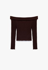 Bruine off-shoulder top met lange mouwen, geribbelde textuur, golvend patroon en een golvende zoom, gemaakt van rekbare stof.