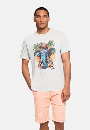 Hombre con camiseta blanca con gráfico colorido de elefante y pantalones cortos rosa claro, de pie frente a un fondo liso.