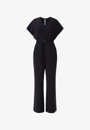 Granatowy kombinezon z krótkimi rękawami, dekoltem w serek i paskiem w talii. Wykonany z gładkiego materiału; posiada szerokie nogawki i detal w kształcie dziurki na plecach.