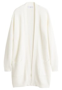 Cardigan long blanc à manches longues, à ouverture frontale, tricoté avec un motif texturé, poignets côtelés et poches plaquées à l'avant.