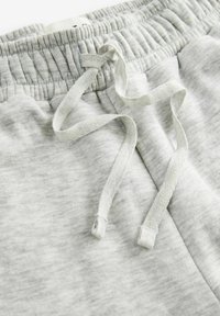 Helle, graue Sweatpants mit einer glatten Textur, ausgestattet mit einem elastischen Bund und einem verstellbaren Kordelzug. Einfaches und funktionales Design.