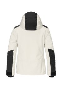 Weiße Jacke mit schwarzen Akzenten, ausgestattet mit einer Kapuze und langen Ärmeln. Das Material wirkt glatt mit einem schlanken Design und verstellbaren Bündchen.