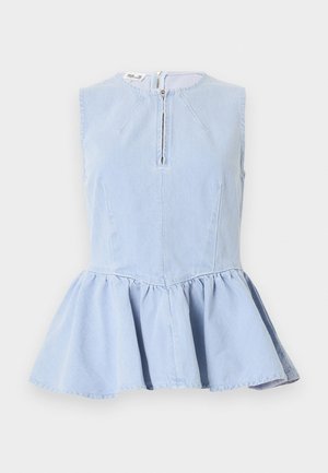 Sleeveless light blue denim top with round neckline, front zipper, fitted bodice, and flared peplum hem.