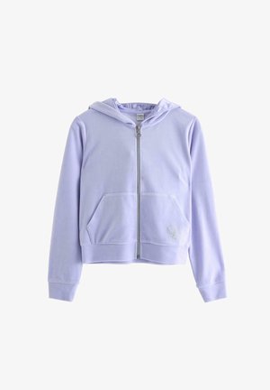 Sweatshirt à capuche lilas avec une fermeture éclair à l'avant, deux poches latérales, des poignets côtelés et un logo décoratif sur la poche gauche. Texture de tissu douce.