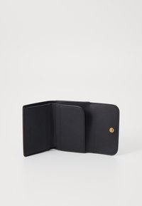 Black leather wallet with a snap closure, featuring multiple card slots and a smooth texture, designed for compact storage and organization.