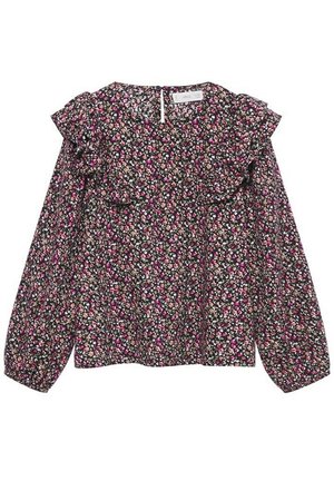 Schwarze Bluse mit floralem Muster in Pink und Creme, mit gerafften Schultern und langen Puffärmeln, hinten mit Knopfverschluss.