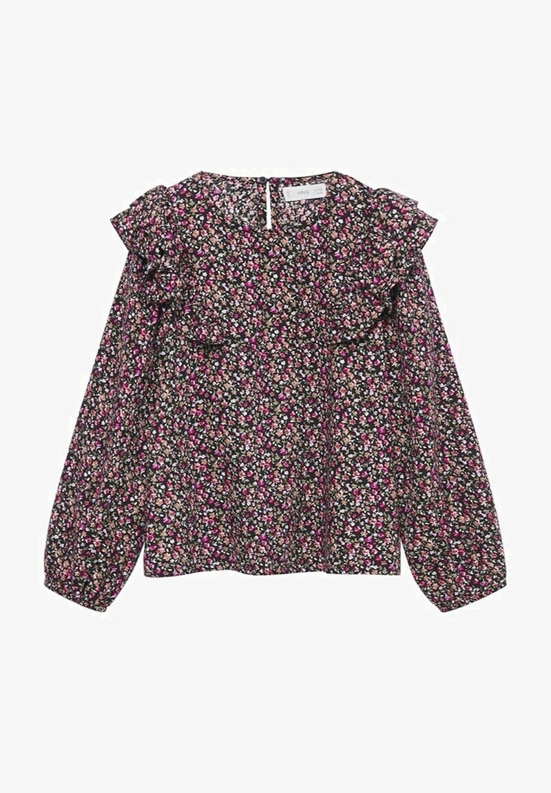 Blouse noire à motifs floraux roses et crème, avec épaules volantées et manches longues bouffantes, fermée par un bouton au dos.