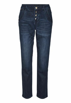 Dark blue denim jeans with a straight cut, featuring a high waist, five-button closure, and two front pockets with slight fading detail.