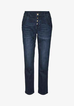 Mørkeblå denim jeans med lige pasform, featuring høj talje, fem-knaps lukning og to forlommer med let sliddetalje.