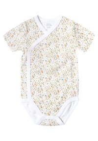 Kurzärmliger Body mit weißem Hintergrund, verziert mit einem floralen Muster in Rosa und Blau, und weißen Druckknöpfen im unteren Bereich.