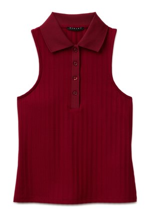 Haut sans manches en maille côtelée rouge profond avec un col plié et une patte de boutonnage à quatre boutons au centre devant.