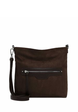 Bolso de hombro de ante marrón con un bolsillo delantero con cremallera y una correa desmontable. Textura suave y diseño minimalista.