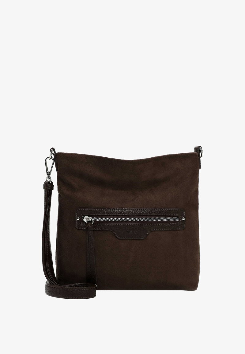 Brown suede shoulder bag with a zippered front pocket and a detachable strap. Smooth texture and minimalistic design.