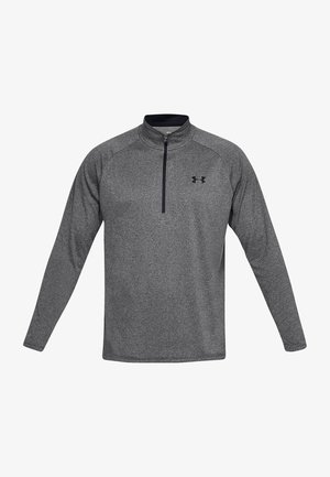 Sudadera gris de manga larga con cremallera a la altura del pecho, hecha de tela texturizada, con un logo negro en el lado izquierdo del pecho y cuello acanalado.