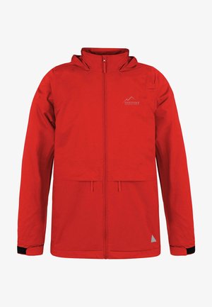Rote Kapuzenjacke mit einem Frontreißverschluss, elastischen Bündchen und einem Logo. Verfügt über ein doppellagiges Design mit mattierter Oberfläche.