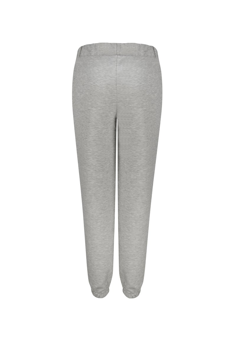 Graue Jogginghose aus weichem Material, mit elastischem Bund und Bündchen, glatter Oberfläche und lockerer Passform.