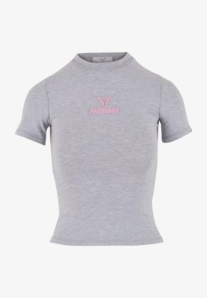 Gray cotton t-shirt with short sleeves and a round neckline. Features a pink embroidered "felicious" logo on the chest.