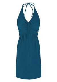 Türkises Halterkleid mit gerafftem Vorderteil, verstellbaren Bändern am Hals und fließendem Rock. Hergestellt aus einem weichen Stoff mit goldenen Akzenten.