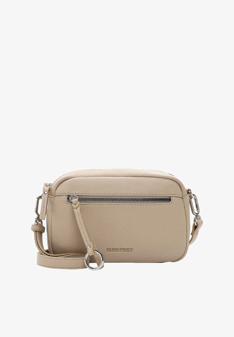Borsa a tracolla in pelle beige con tracolla staccabile, tasca con zip frontale e marchio impresso sul fondo. Texture liscia e forma arrotondata.