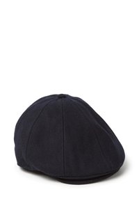 Gorra de lana color navy estilo boina con forma redondeada, secciones cosidas y un pequeño botón en la parte superior. Textura suave, visera curvada en la parte frontal.