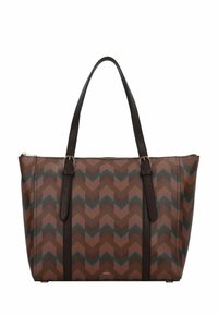 Sac fourre-tout marron avec un motif en zigzag orange, vert et rose. Comprend des poignées en cuir marron foncé et une fermeture éclair en haut.