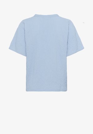 Top azzurro chiaro a maniche corte con trama, taglio dritto e scollo tondo semplice, mostrato da dietro.