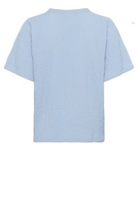Light blue short-sleeve top made from crinkled texture fabric. Features a relaxed fit and simple collar design, with no visible fastenings.